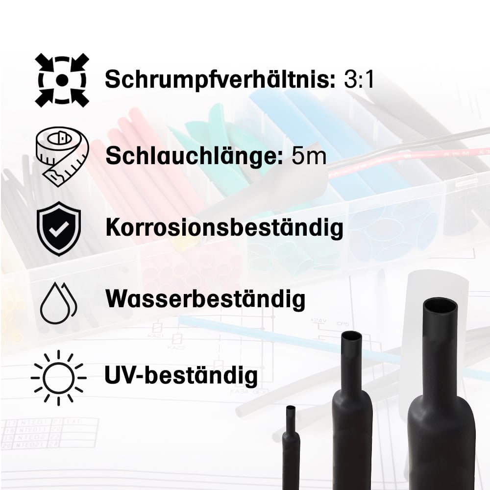 5m Schrumpfschlauch mit Kleber 6mm>2mm schwarz Ratio 3:1