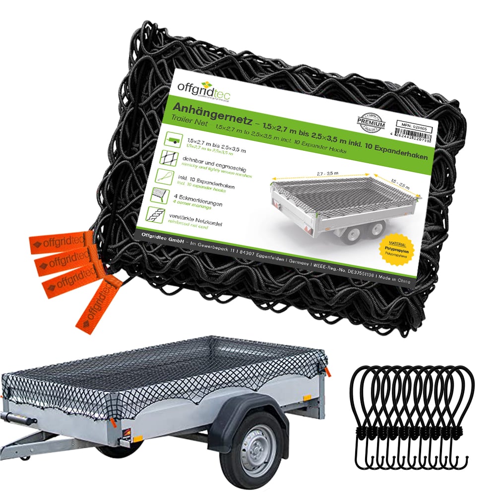 Trailer Net 1.5x2.7m to 2.5x3.5m incl. Corner Marking and 10 Expander Hooks - Stretchable and Close-Meshed