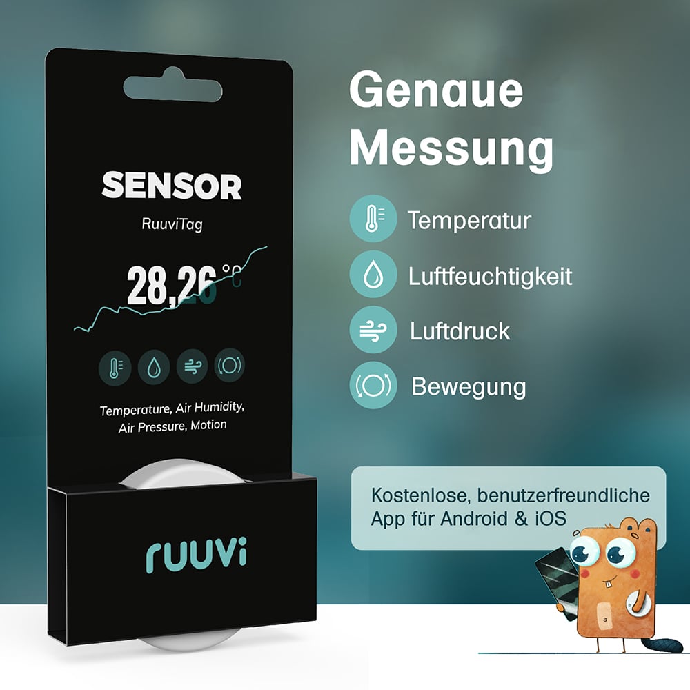 Ruuvi Tag 4in1 Bluetooth-Sensor für Temperatur, Feuchtigkeit, Luftdruck und Bewegung Smart-Messgerät