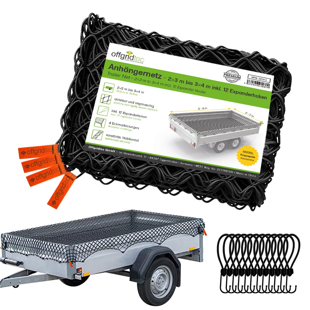 Trailer net 2x3m to 3x4m including corner marking and 12 elastic hooks - stretchable and close-meshed